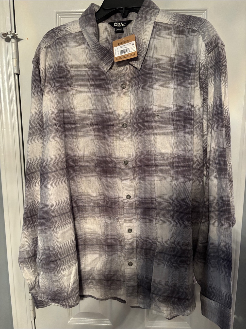 Eddie Bauer White Blue & Gray Plaid Button-Down Field Flannel Flex Shirt NWT